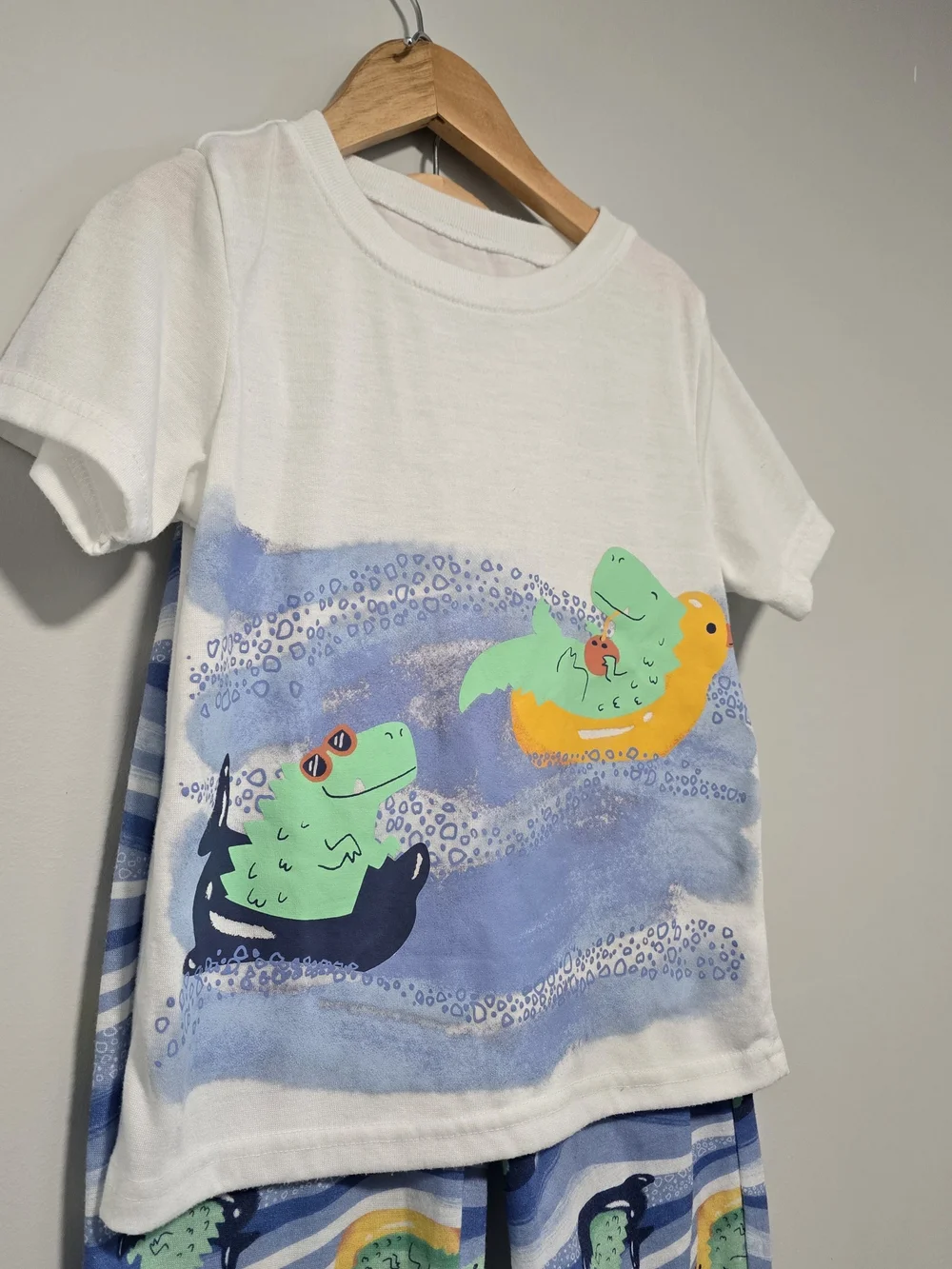 Carter's White Tee & Blue Stripe Dinosaur Float Pajama Set